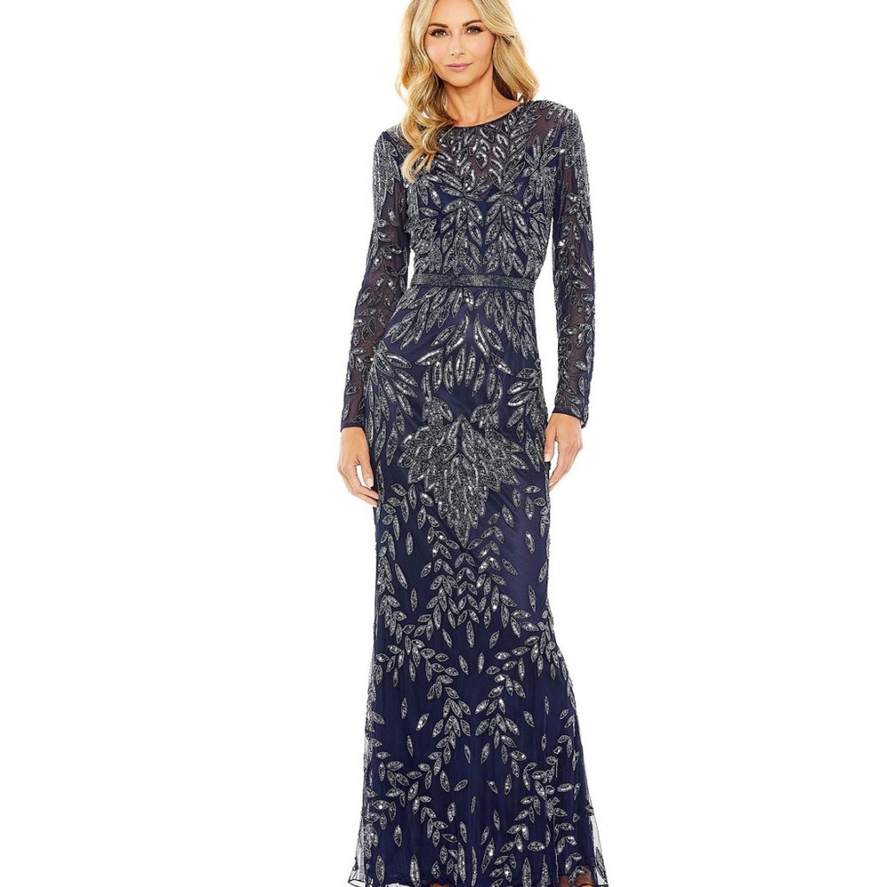 Mac Duggal Navy and Silver Long Sleeve Gown